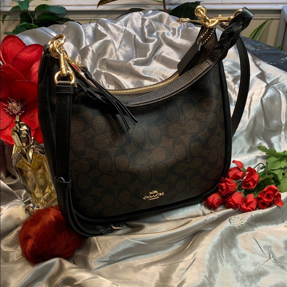 🌹 BEAUTIFUL Coach Black Jules Hobo Bag  • EUC Signature Canvas w/Crossbody Strap